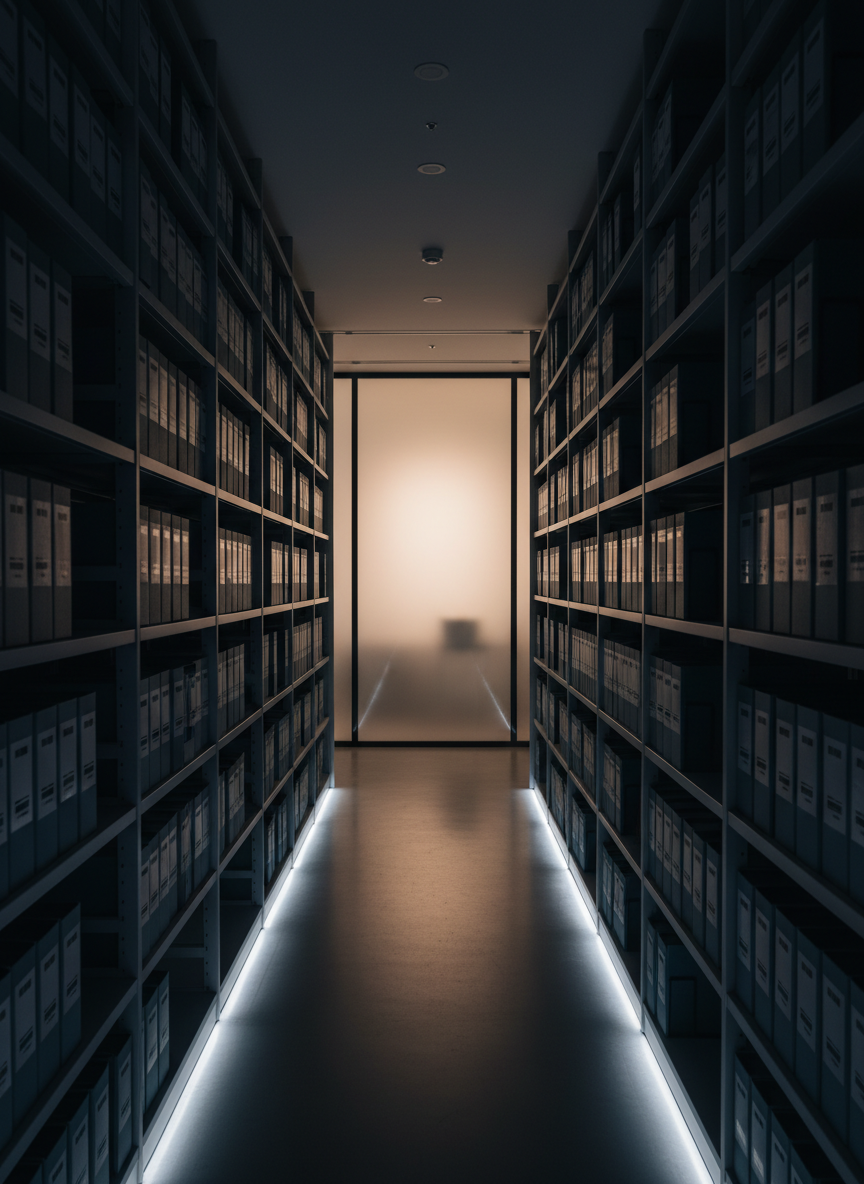 A deep, photographic perspective down a narrow aisle of modern archive shelves in a dimly lit, high-tech records room. The shelves, finished in matte graphite, are filled with uniform archival boxes and binders in muted grays and blues, each with simple, non-text labels. At the end of the aisle, a large frosted glass panel glows softly, hinting at a research workspace beyond. Subtle LED strip lighting runs along the floor edges, casting low, linear highlights and controlled shadows that emphasize depth and symmetry. Captured at eye level with strong leading lines and sharp focus throughout, the mood is serious, methodical, and quietly intense, representing the site’s topic library of critical case studies.