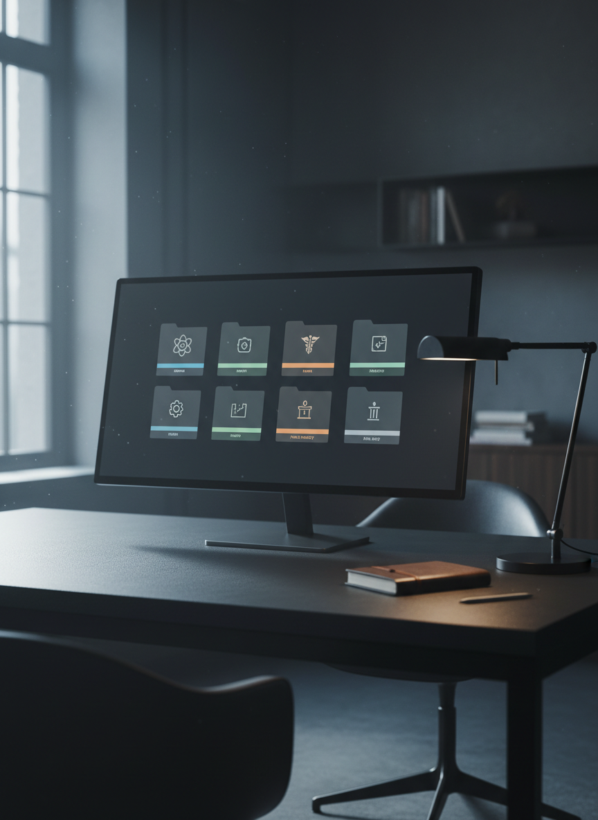 A wide, cinematic view of a dark, elegant digital archive interface displayed on a large, ultra-thin monitor resting on a matte black desk. The screen shows a grid of neatly organized case folders represented by simple, abstract icons and neutral color-coded bands, suggesting topics like science, health, industry, and public policy without any text. Soft, cool-toned light from a nearby window grazes the desk surface, revealing subtle dust motes and the fine texture of the materials. A single adjustable desk lamp adds a focused pool of warm light. Photographic realism, eye-level composition, clean and modern aesthetic, with a calm, analytical atmosphere and sharp focus throughout, emphasizing seriousness and evidence-based research.