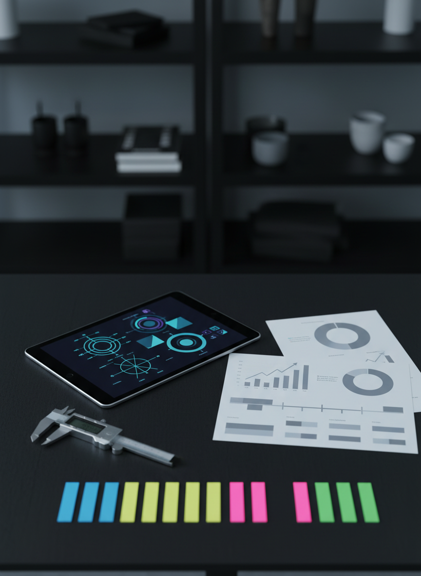 An overhead, photographic shot of a matte black worktable covered with an organized spread of analytical tools: a powered-on tablet showing abstract data visualizations, printed pages with clean charts and timelines, a slim digital caliper, and color-coded sticky markers arranged in straight lines. No text is readable, only geometric shapes and graphs. The table surface has a subtle brushed texture, surrounded by dark shelving fading into soft blur. Cool, diffused studio lighting from above highlights edges and creates clear, controlled shadows. The composition follows the rule of thirds, with the tablet slightly off-center, conveying a mood of focused, evidence-based investigation without sensationalism, suited for visual essays and case study work.