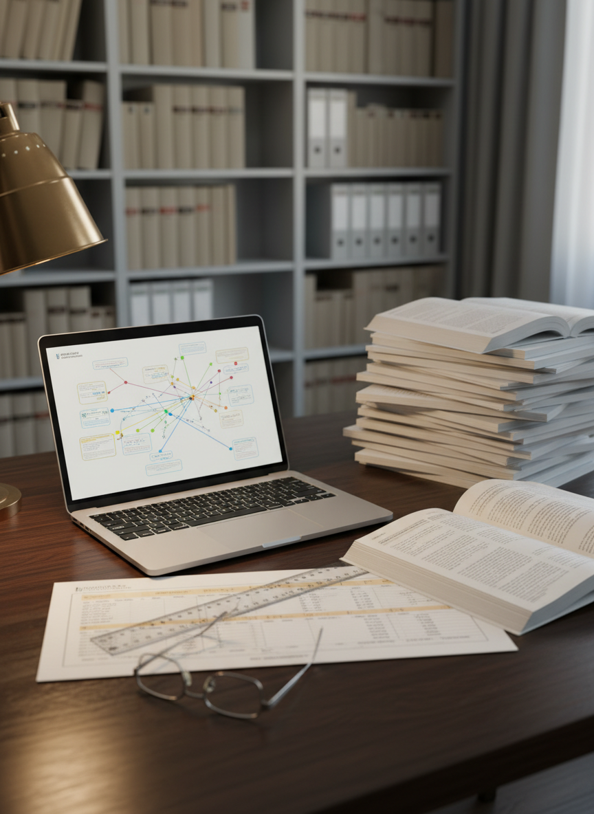 A meticulously arranged, photographic still life of evidence-based research materials on a dark wooden desk: a laptop showing abstract, multicolored network diagrams, a stack of peer-reviewed journal facsimiles with visible but unreadable formatting, a clear ruler aligning a printed timeline, and a pair of plain, unbranded reading glasses folded neatly beside them. The background shows a softly blurred, floor-to-ceiling bookshelf filled with neutral-toned binders and reference volumes. Warm, directional desk-lamp lighting pools over the workspace, creating gentle highlights on paper and metal edges, with cooler ambient light from an unseen window balancing the scene. Shot from a three-quarter angle with moderate depth of field, the atmosphere is scholarly, rigorous, and analytical, ideal for an About or methodology page.