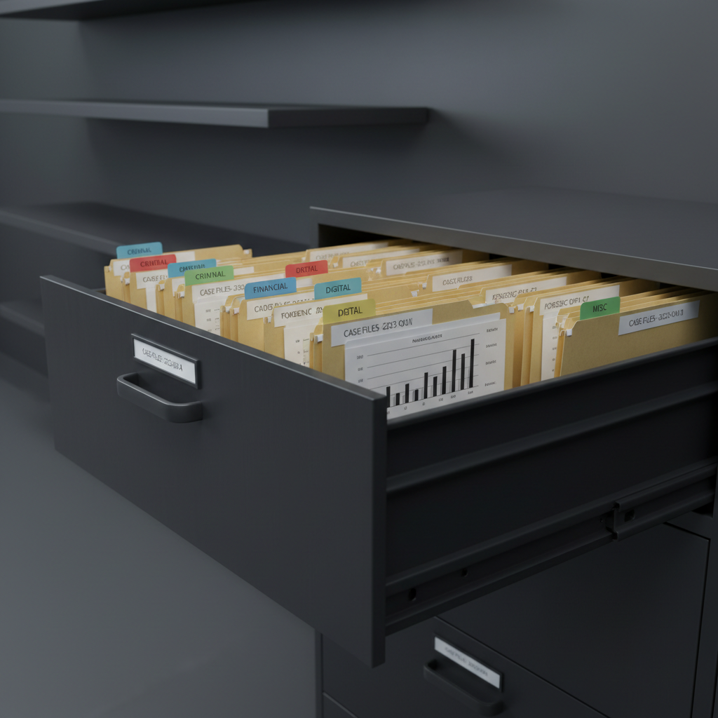 A close-up, photographic view of a dark metal filing cabinet drawer smoothly pulled open, revealing rows of uniformly labeled, unbranded manila folders arranged with precise alignment. Some folders contain neatly stacked printed charts and grayscale graphs, partially visible, with colored index tabs marking different evidence categories. The cabinet stands in a minimalist archive room with matte charcoal walls and floating shelves in the softly blurred background. Cool, diffused overhead lighting creates gentle reflections on the metal edges and soft shadows inside the drawer. Shot from a slightly elevated angle with moderate depth of field, the mood is orderly, methodical, and serious, reinforcing the idea of a disciplined critical evidence library.